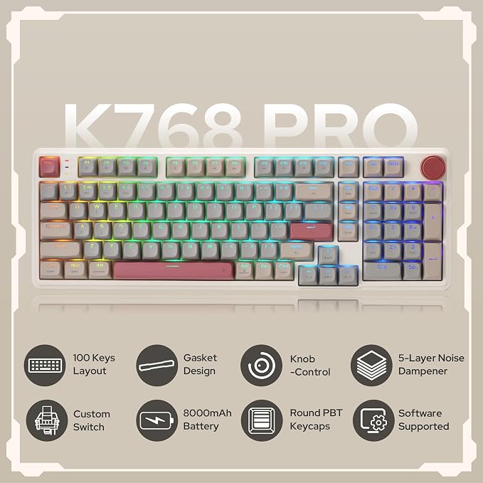 Redragon K768 PRO Wireless 100-Key Gasket Gaming Keyboard, Knob + 8000mAh | Multi-Function Control Wheel, 0-Delay Tri-Mode, Cushioned 5-Layer Noise Dampening for Creamy Thocky Sound, Practical 95% Size - Image 2