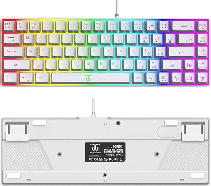 Snpurdiri 60% Percent Gaming Keyboard (68 Keys, White) | Compact RGB Backlit Ergonomic Small Mini Keyboard for Windows, PC, Laptop, Gaming - Image 2