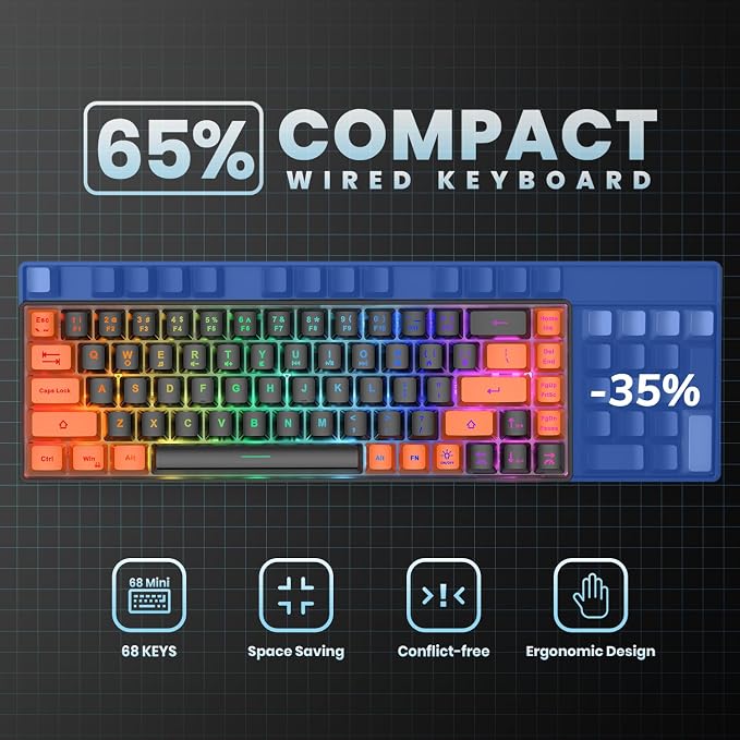 GEODMAER 65% Gaming Keyboard, LED Backlit Mini Wired Keyboard, Ultra-Compact Anti-Ghosting No-Conflict 68 Keys Membrane Gaming Wired Keyboard for PC Laptop Windows Gamer(Black-Orange) - Image 4