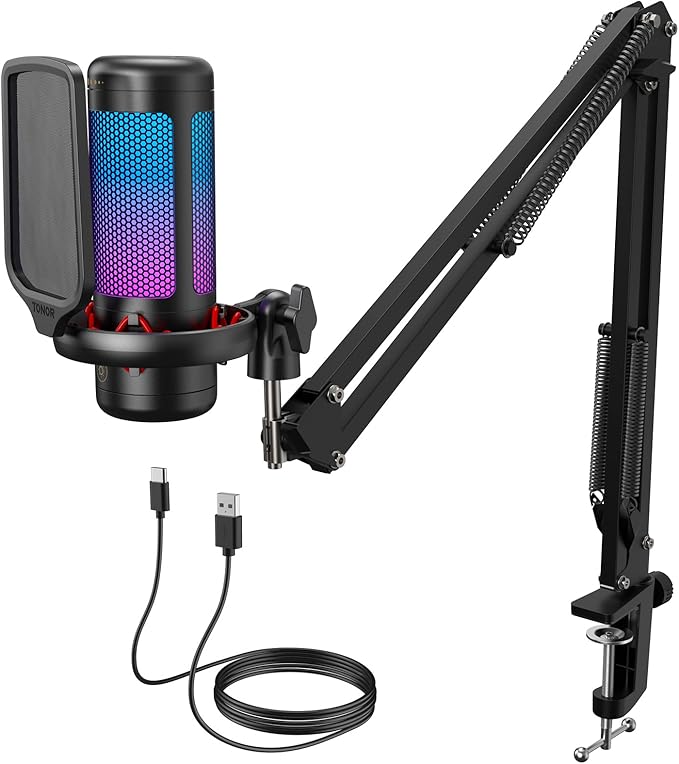 TONOR Gaming Microphone Set with Boom Arm, Vocal Condenser Microphone for Content Creators, USB Mic for PC with Stand, RGB, Tap Mute, Gain Control, Gaming Equipemnt, Twitch, Streaming, TC310+ | Boom Arm Set, USB Mic with Controllable Light, One Tap Mut... by TONOR