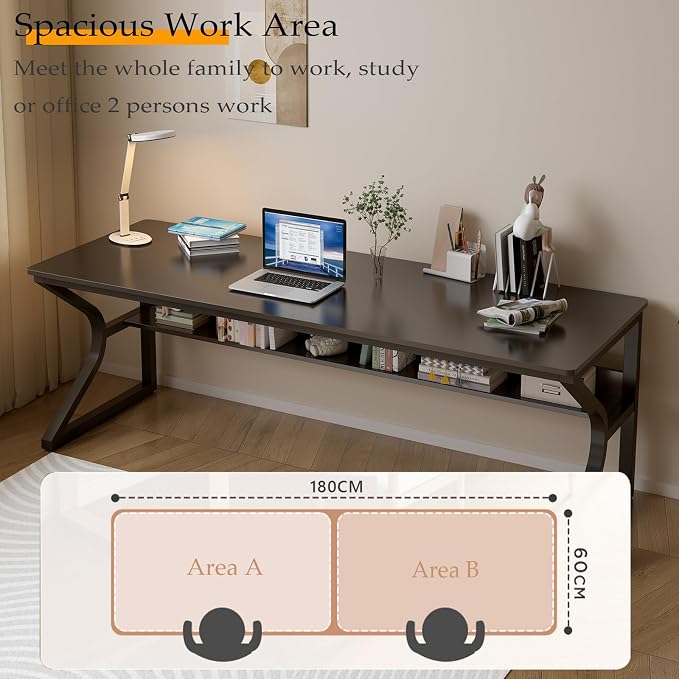 OSCHF 71-Inch Extra Long Desk with Storage Shelf, Black | Double Long Writing Table, Space-saving, 2-Person Workstation, Modern Study Work Computer Desk, For Home Office - Image 3