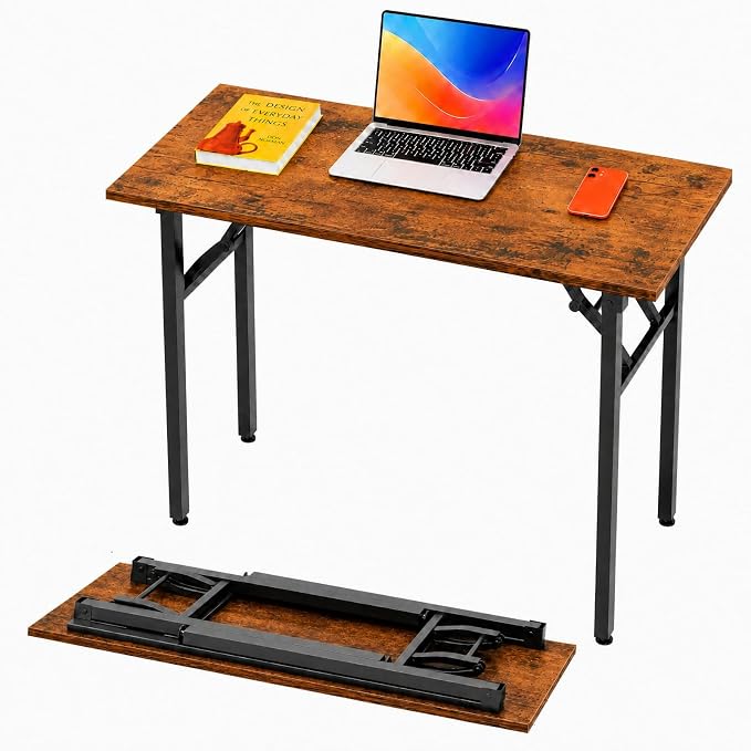 Folding Table Computer Desk - 43.3" No Assembly Folding Desk Design and Foldable Office Desk, Small Desk for Bedroom, Compact Storage Portable Use for Dorm and RV Small Space, Rustic Brown by HMFOR