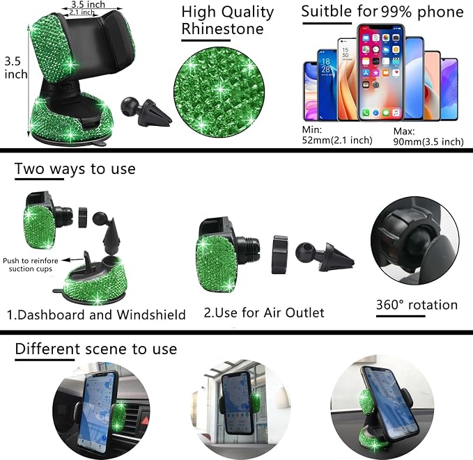 NBTEPEM 27 PCs Green Bling Car Accessories Set for Women, Steering Wheel Covers Universal Fit 15 Inch, Bling License Plate Frame, Bling Phone Holder, Bling Car Coasters (Green Diamond) - Image 5