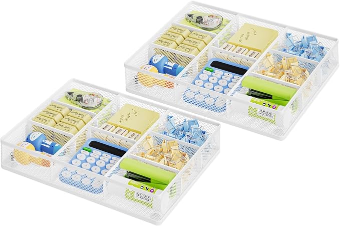 Marbrasse 2P Desk Drawer Organizer, Metal Mesh Drawer Organizer Tray with 5 Adjustable Compartments,Desk Organizers and Accessories for Home,Office,Kitchen,Makeup,Vanity (White) by Marbrasse