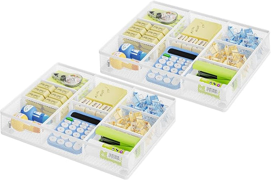 Marbrasse 2P Desk Drawer Organizer, Metal Mesh Drawer Organizer Tray with 5 Adjustable Compartments,Desk Organizers and Accessories for Home,Office,Kitchen,Makeup,Vanity (White) by Marbrasse