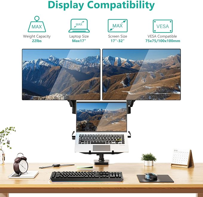 WALI Triple Arm Laptop and Dual Monitor Desk Mount for 17" Notebook and Up to 32" Screens, Adjustable Monitor Arms with Tilt Swivel Rotation, VESA 75x75 100x100, Black (GSDM003LP) - Image 2