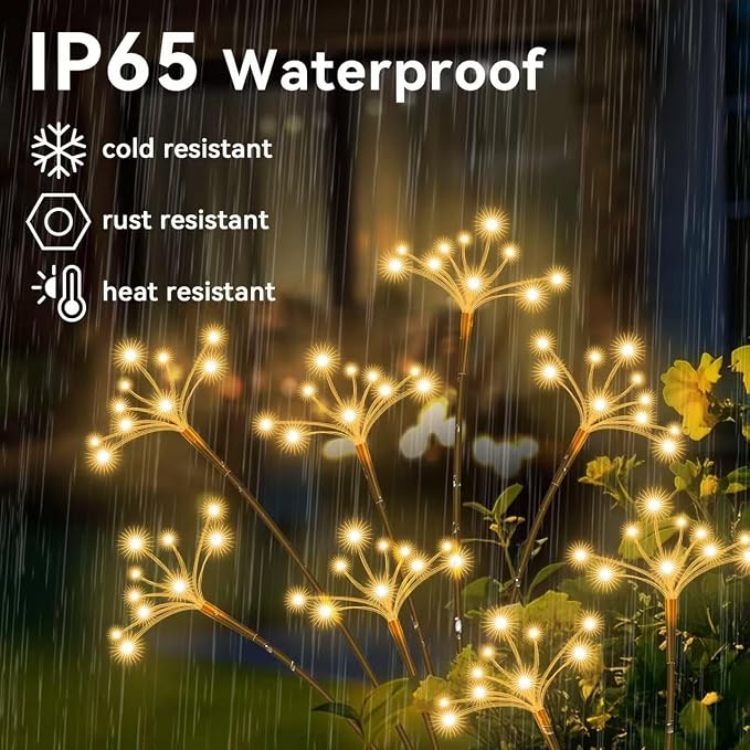 JJGoo Solar Garden Lights, New Upgraded 2 Pack Solar Swaying Starburst Light, Waterproof Fireworks Outdoor Lights, Yard Patio Pathway Decoration, Warm White - Image 5