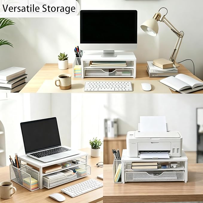 Spacrea Desk Organizer and Accessories, Computer Monitor Stand Riser with Drawer and 1 Open Pen Holder, Printer & Laptop Stand, Office Desk Accessories for Home Office Supplies (White) - Image 3