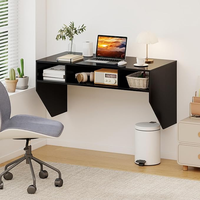 Giantex Wall-Mounted Computer Desk, Floating Laptop Desk with 3 Storage Compartments, Space-Saving Home Office Workstation Vanity Table for Bedroom, Study, Living Room (Black) - Image 2