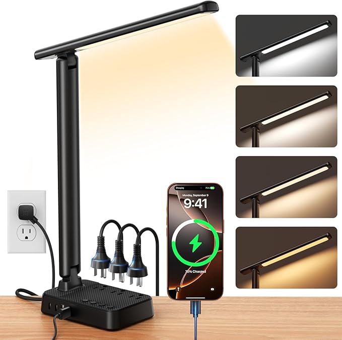 LED Desk Lamp with Power Strip, 3 AC Outlets, 4 USB Ports, Stepless Dimming | 2800K-6500K Color, 2 USB-C, Foldable Design, Timer & Memory, Study, Home Office & College Dorm by Sompaty