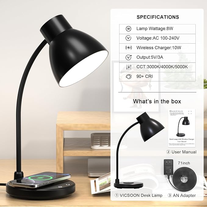 LED Desk Lamp for Home Office with Wireless Charger, Matte Black | 3 Color Modes Dimmable Eye-Caring Study Reading Dorm Desk Lamp, 360° Flexible Arm Table Lamp for College Dorm Room, 800 Lumen - Image 7
