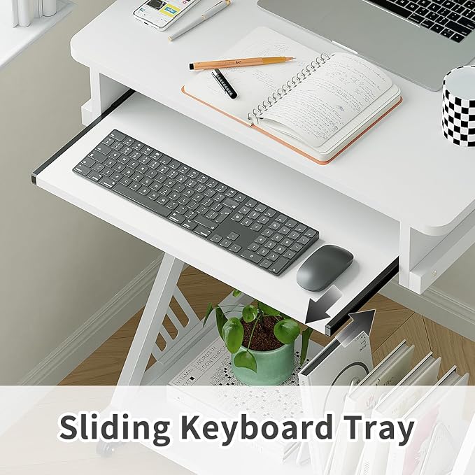 ALISENED Computer Desk for Small Spaces Compact Desk with Keyboard Tray | 23.6" Z-Shaped, with Wheels and Bottom Shelves, for Home Office, Computer Cart Mobile Laptop Cart, White - Image 6