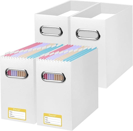 BALEINE File Organizer Box, Cardboard File Folder Organizer with Handle for Letter Size, Portable Collapsible Hanging Filing Box for Home Office Document Storage (4 Pack, White) by BALEINE