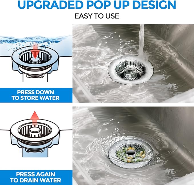 zaa 3 in 1 Kitchen Sink Drain Strainer Stopper Removable Basket Pop-Up | Kitchen Sink Accessories 2 Pack Brushed Silver Stainless - Food Catcher, Odor-Blocking Seal, Fits 3.5" Drain - Image 3