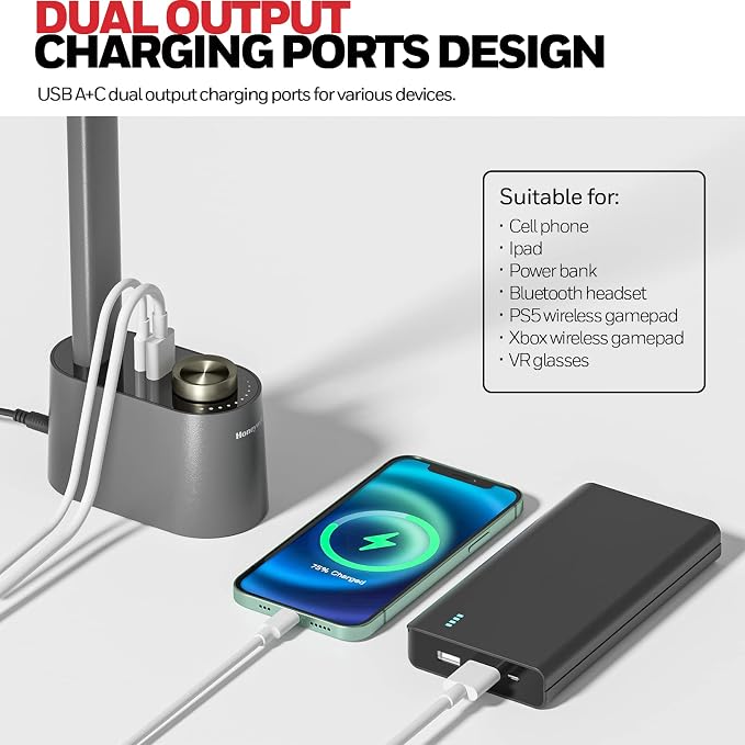 Honeywell H01 Pro Compact LED Desk Lamp with A+C Charging Port | CRI≥95, 3000K-5500K,Low Blue Light, Flicker-Free, Modern Desk Light for Bedroom, Grey - Image 3