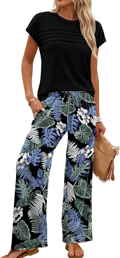 WIHOLL Two Piece Set for Women Summer Spring Outfits Matching Sets Women Clothing Airport Travel Vacation Wide Leg Pants - Image 2