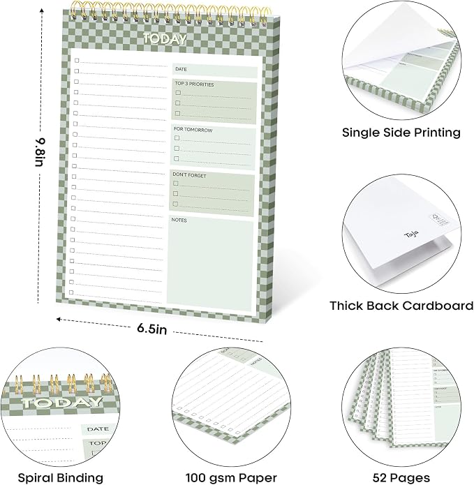 Taja To Do List Notepad, Undated Daily Planner for Work and Goal Setting | Mint Checkered, 52 Sheets, 9.8" x 6.5" , for Office, Home and school, Daily Task Planning, Notes and Everyday Organization - Image 6