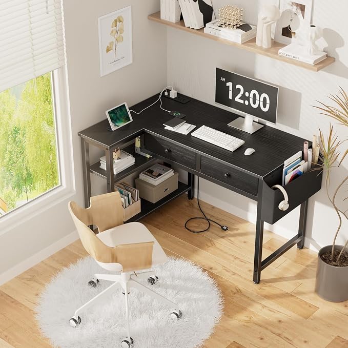 DLisiting Black Corner Desk for Small Space with Drawers, Reversible Gaming L Shaped Computer Desk with Storage Shelves for Boys, Corner Work Study PC Desks for Bedroom - Image 6