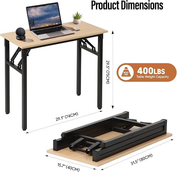 Panana Small Foldable Computer Desk, 31.5 inch Folding Home Office Desk for Small Spaces, Modern Simple Style for Home, Office, Study, Writing, No Assembly Required (Natural Wood, 31.5" x 15.7") - Image 3
