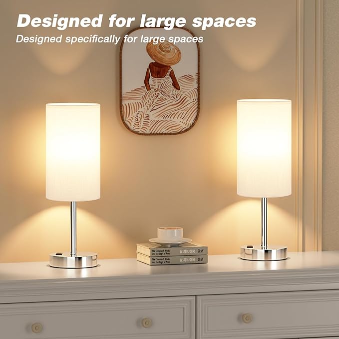 Fenmzee Touch Bedside Lamp - White, 3-Way Dimmable, USB A + C Charging, AC Outlet, 17.4inch Medium - Image 2