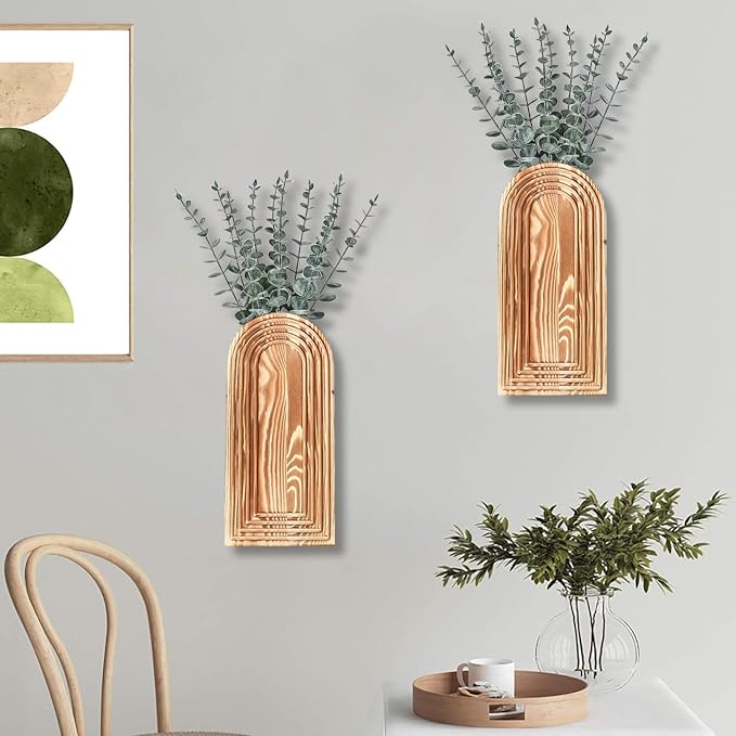 Dnnnii 2 Pack Wooden Wall Vase Set - Brown Finish Modern Farmhouse & Boho Wall Decor for Entryway, Hallway, Bathroom, Living Room, Dining Room, Narrow Spaces - Image 7