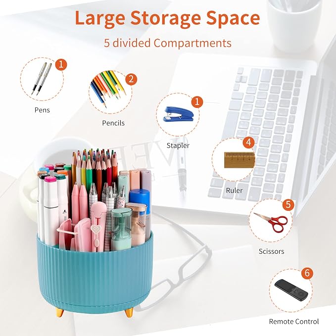 Desk Pencil Pen Holder, 5 Slots 360°Degree Rotating Organizers for, Desktop Storage Stationery Supplies Organizer, Cute Cup Pot Office, School, Home, Art Supply, Blue - Image 3