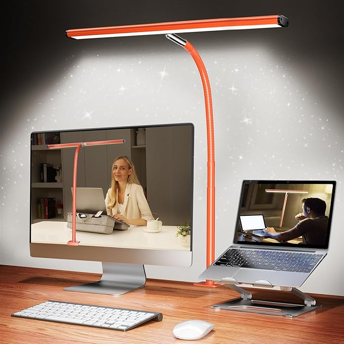 Airlonv LED Desk Lamp for Office Home, Eye-Caring Desk Light with Stepless Dimming Adjustable Flexible Gooseneck, 10W USB Adapter Desk Lamp with Clamp for Reading, Study, Workbench (Orange) by Airlonv