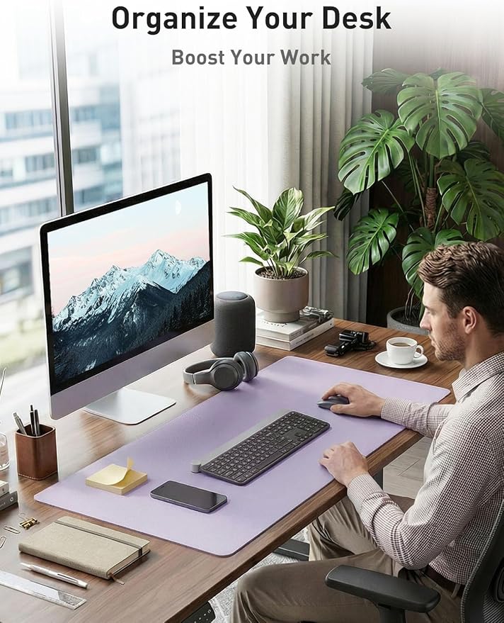 Aothia Faux Leather Desk Mat - Non-Slip PU Leather Desk Blotter, Waterproof Writing Surface, Large Desk Pad for Office & Home (Lavender, 55" x 17") - Image 8