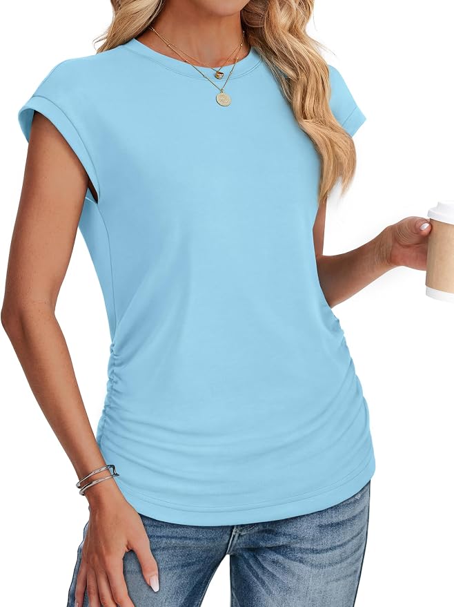 Sampeel Womens Summer Tops Trendy 2026 Ruched Cap Short Sleeve Tshirts Shirts Crew Neck T Shirts Fashion - Image 3