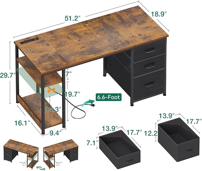 AODK 51 Inch Computer Desk with Drawers & USB Power Outlets | Reversible Home Office Desk with Storage Shelves, Work from Home, Modern Work/Writing/Study Table for Bedroom, Vintage - Image 3