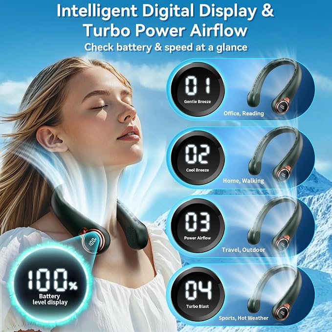 BNBZ Portable Neck Fan, 6000mAh Rechargeable Fan Blows Cold Air with LED Display, 4 Speeds, 20H Runtime, Quiet Wearable 360° Personal Cooling Fan for Outdoor Travel Work Gym,Fireplace Fans-Green - Image 4