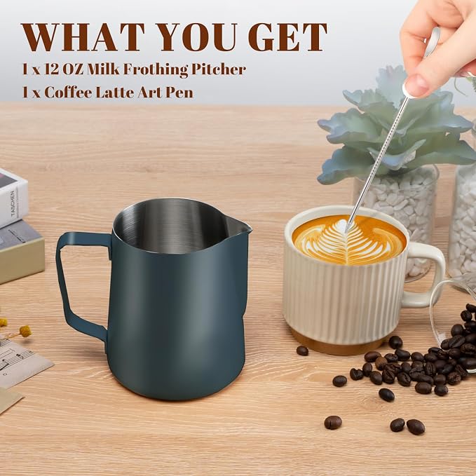 Amrules Milk Frothing Pitcher, 12 oz Milk Frother Cup with Clear Scale, 304 Stainless Steel Cappuccino Espresso Machine Accessories for Barista Coffee Bar with Latte Art Pen, Blue - Image 3