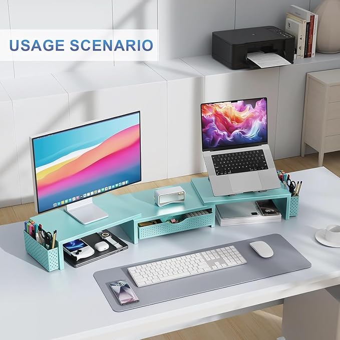gianotter Dual Monitor Stand Riser, Desk Organizer With Drawer and 2 Pen Holders, Monitor Stand for Desk, Office Decor Essentials (Blue) - Image 5