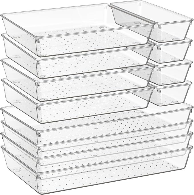 Criusia 12 Pack Large Clear Plastic Drawer Organizer Trays | MULTI-USE Acrylic Drawer Storage for Kitchen, Bathroom, Makeup, Office, School, Undies | College Dorm Room, Home Apartment Essentials by Criusia