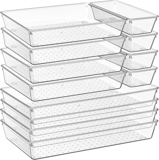 Criusia 12 Pack Large Clear Plastic Drawer Organizer Trays | MULTI-USE Acrylic Drawer Storage for Kitchen, Bathroom, Makeup, Office, School, Undies | College Dorm Room, Home Apartment Essentials by Criusia