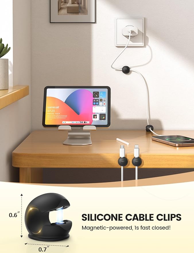 Lamicall 8 Pack Magnetic Cord Organizer, Mini-Soft Silicone Clips | Cable Management for Phone Charger Cords, Durable Adhesive Holder for Desk Nightstand, Home Office Gadget Accessories, Black - Image 2