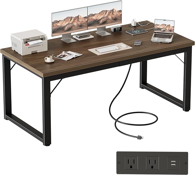 Mericonia 54 Inch Computer Desk with Power Outlets, 1.2" Thick Office Table | Modern Simple Style, Heavy Duty Industrial Frame, Study & Writing Table for Home Bedroom Work, Walnut by MERICONIA