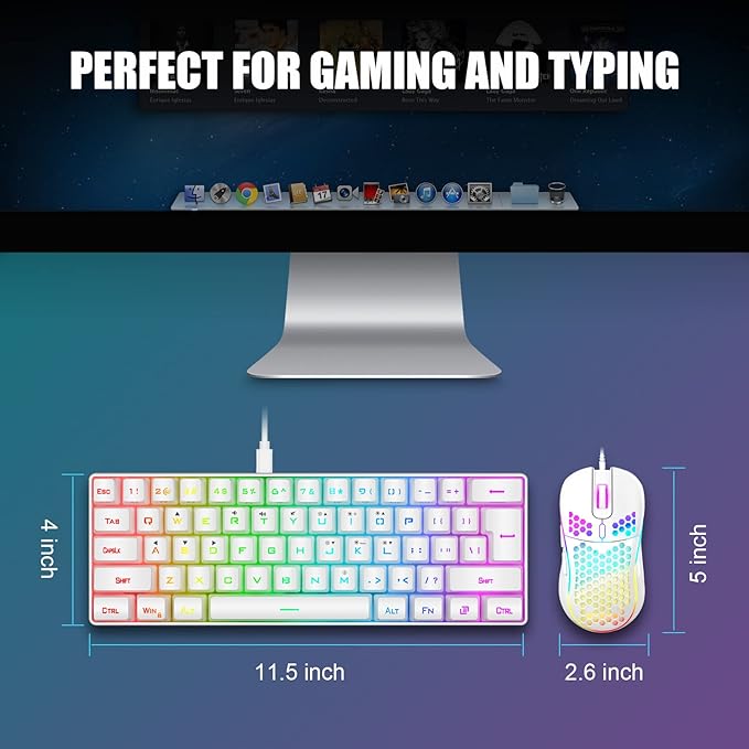 RedThunder 60% Mini Gaming Keyboard and Mouse Combo, Lightweight, Ultra-Compact 61 Keys RGB Backlit,7200 DPI Honeycomb Optical Mouse, Wired Gaming Set for PC MAC PS5 Xbox Gamer(White) - Image 6