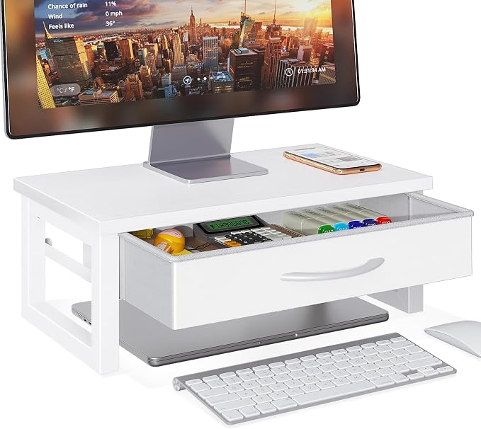 Desk Organizers and Accessories, Computer Monitor Stand Riser with Drawer, White Laptop Stand for Desk with Storage, Office Organization, Wood by Unknown