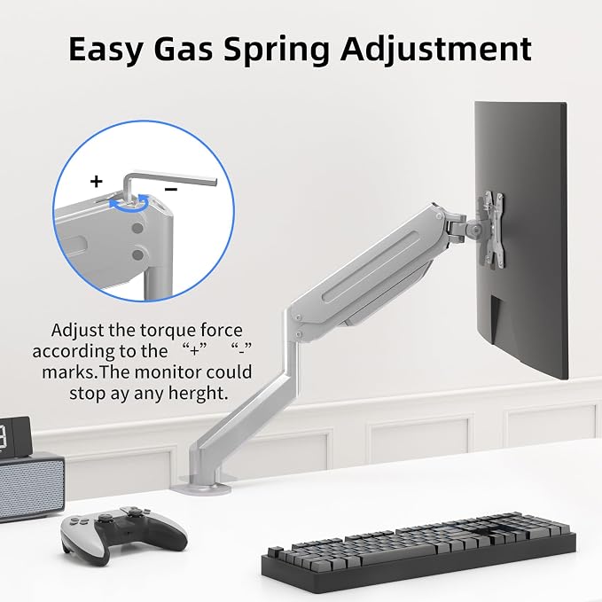 Suptek Single Monitor Mount Adjustable Gas Spring Monitor Arm Desk Mount Stand Fits 17 20 22 23 24 26 27 32 33 inch Monitors,Holds up to 22 lbs,Silver(MD18S) - Image 4