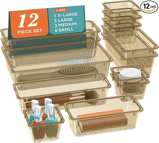 12 PCS Drawer Organizer Set, Makeup Organizers, Champagne | 4 Sizes, Plastic, Stackable, Multiple Gadgets, Desk Drawer Divider Organizers, for Makeup, Office Supplies Storage by Unknown