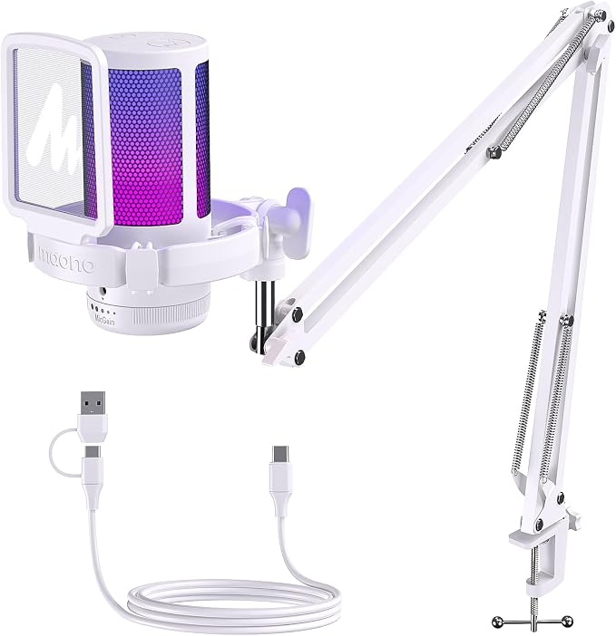MAONO DGM20S USB Microphone for PC with Clear Voice & Noise Reduction | RGB Lighting, Tap-to-Mute, Gain Control, Monitoring and Boom Arm for Discord Gaming, Streaming, Content Creation.White by MAONO