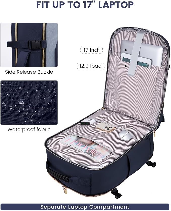 LOVEVOOK 40L Travel Backpack for Women & Men, Airline Approved Carry On Luggage with 3 Packing Cubes, TSA Overnight Bags, Waterproof Personal Item Bag, Weekender Essentials Backpacks fits 17" Laptop - Image 9
