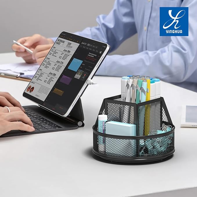 YINGHUA Metal Mesh Desk Organizer with 5 Compartments and Rotating Pencil Holder Pen and Stationery Organizer for Office Home School Anti Slip Base Black - Image 6