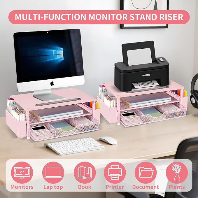 AUPSEN Pink Desk Organizers and Accessories, 2-Tier Wood Computer Monitor Stand with Drawer, Pen Storage & Phone Holder, Office Desk Accessories, Workspace Desktop Organization for Office Supplies - Image 4