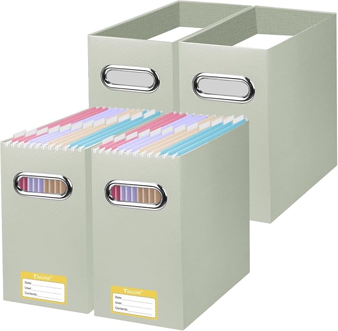 BALEINE File Organizer Box, Cardboard File Folder Organizer with Handle for Letter Size, Portable Collapsible Hanging Filing Box for Home Office Document Storage (4 Pack, Beige) by BALEINE