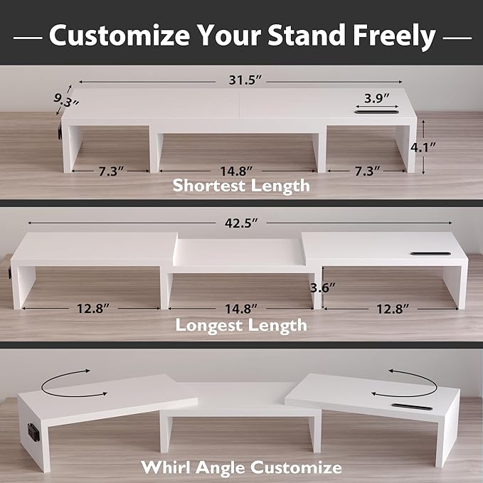 BONTEC Dual Monitor Stand Riser with Smartphone Holder, Adjustable Length & Swivel Angle, Ergonomic Wooden Desktop Organizer for PC Monitor, Laptop, Printer, Large Storage, 42.5 in, White - Image 3