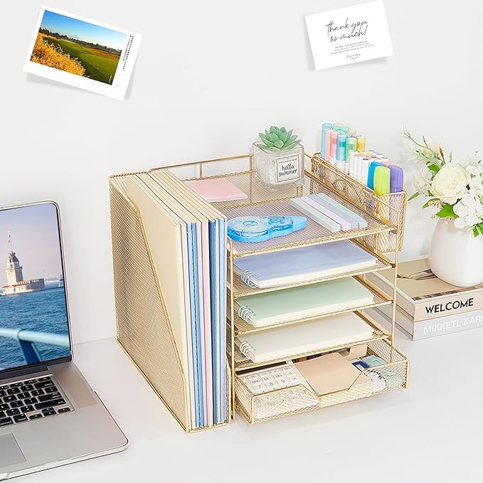 Desk Organizers and Accessories, 5-Tier Paper Letter Tray Organizer with File Holder, Drawer & Pen Holder, Office Desk Accessories, Desktop Organizer for Classroom Office Supplies, Gold - Image 5