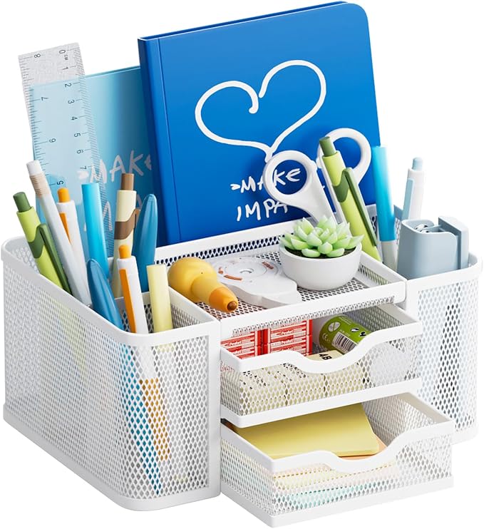 Marbrasse Mesh Desk Organizer, Pen Organizer with 2 Drawer, Multi-Functional Pencil Holder, Desk Organizers and Accessories with 5 Compartments + Drawer for Office Art Supplies (White) by Marbrasse