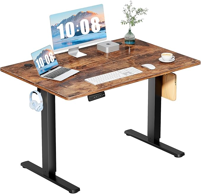 DUMOS 48 Inch Electric Standing Desk, Memory Adjustable Home Office Desk | Sit Stand Up Desk for Work Home Office,Adjustable Desk, Rising Computer Table with Splice Board,Cable Management,Hook,Brown by DumosLifestyle